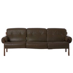 1970s Modern Brazilian Olive Green Leather and Rosewood Sofa