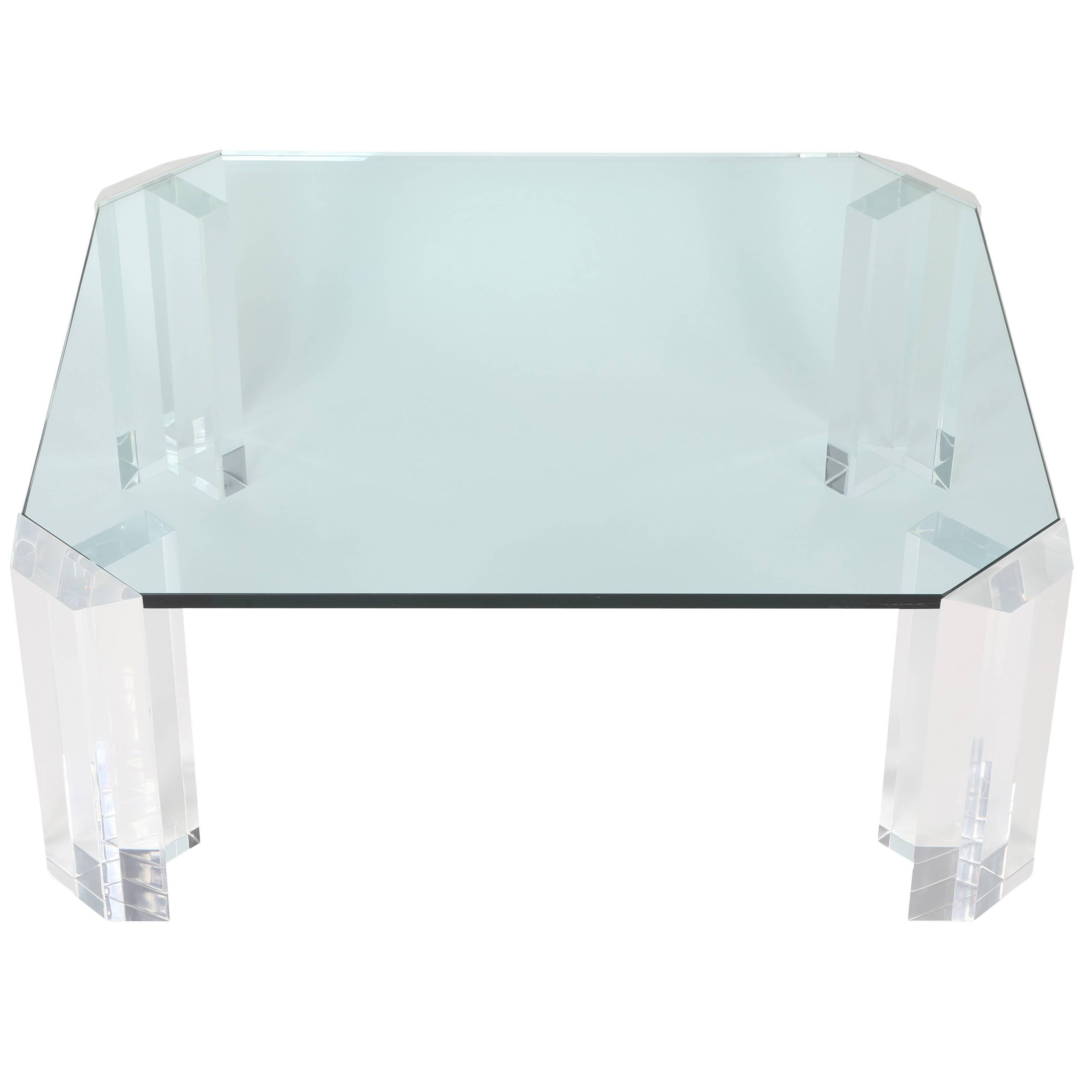 Rectangular 1970s Glass Cocktail Table with Clipped Corners and Lucite Supports For Sale