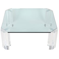Rectangular 1970s Glass Cocktail Table with Clipped Corners and Lucite Supports