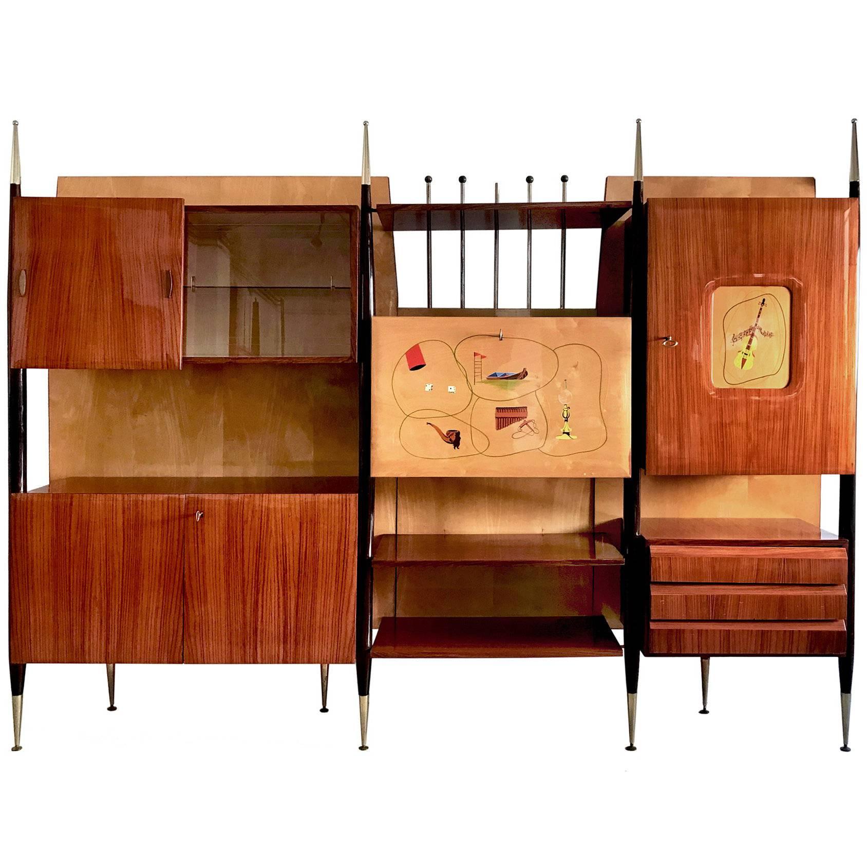 Mid-Century Modern Italian Wall Unit Bookcase and Sideboard, 1950s