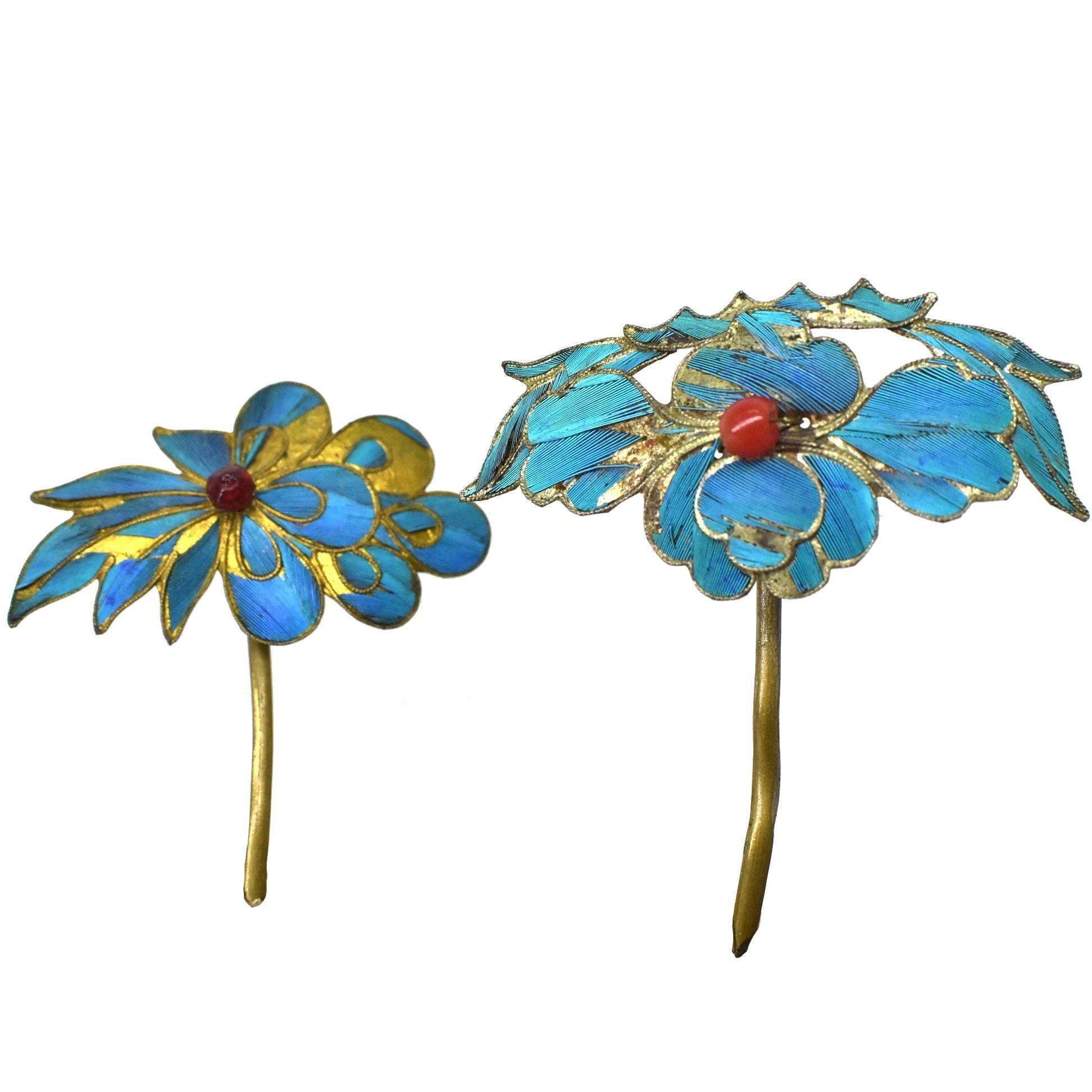 Kingfisher Feather Hair Pins, 19th Century, Set of Two