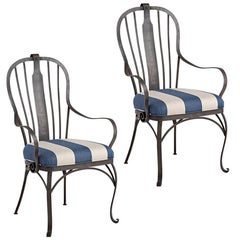 Antique Pair of Wrought Iron Patio Chairs with Reupholstered Cushions, circa 1920s