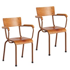 Vintage Pair of Belgian Classroom Armchairs with Plywood Seats, circa 1960s