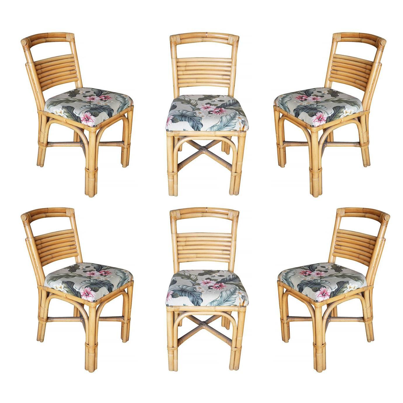 Mid-Century "Slat Back" Rattan Dining Side Chair, Set of Six