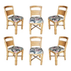 Mid-Century "Slat Back" Rattan Dining Side Chair, Set of Six