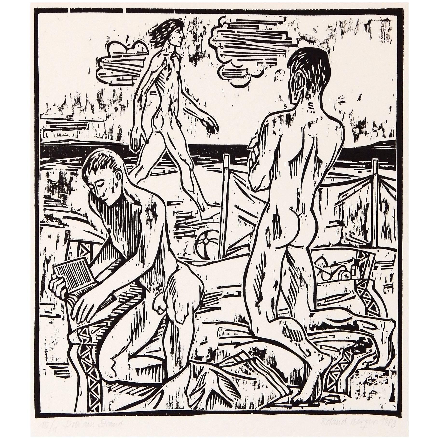 "Three at the Beach," Rare Mid-Century Linocut Print by Berger