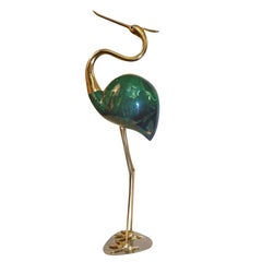 Alessandro Petti 1960s Italian Brass and Green Enameled Flamingo Bird Sculpture
