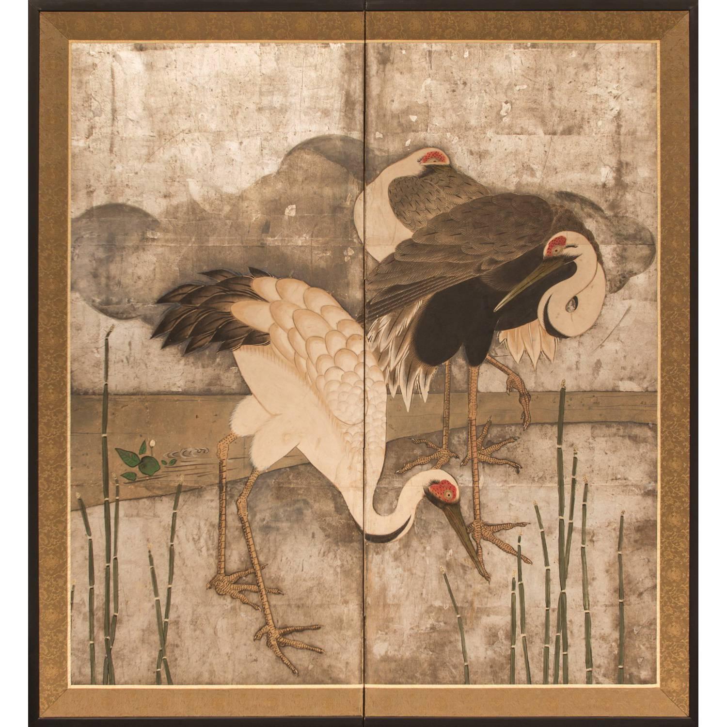 Japanese Two-Panel Screen, Family of Storks at River's Edge