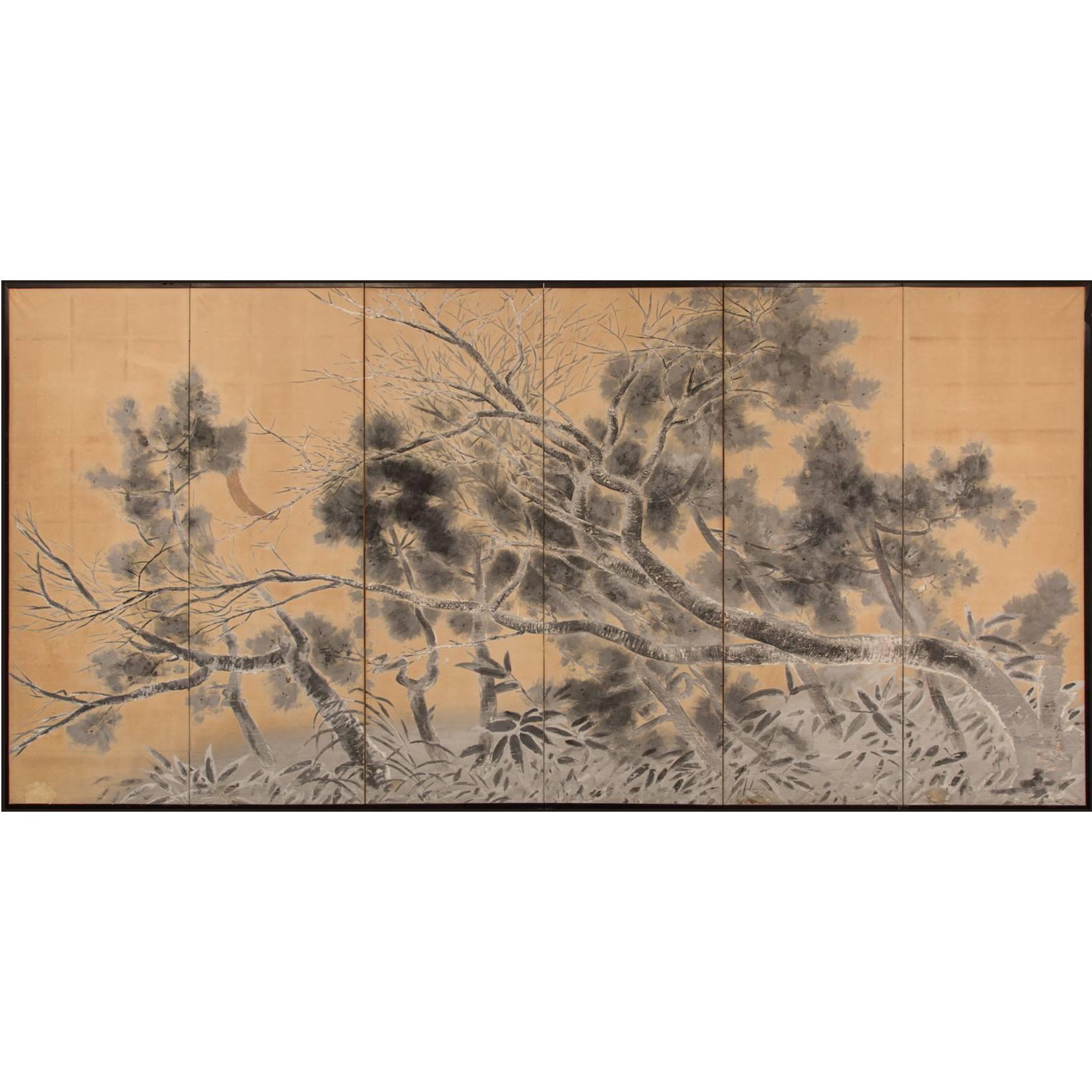 Six Panel Japanese Screen: Winter Scene of Pine, Plum, and Bamboo For Sale
