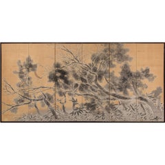 Antique Six Panel Japanese Screen: Winter Scene of Pine, Plum, and Bamboo