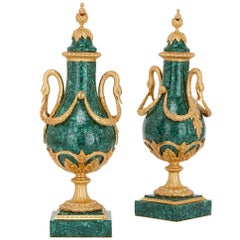 Pair of Neoclassical Style Gilt Bronze and Malachite French Vases