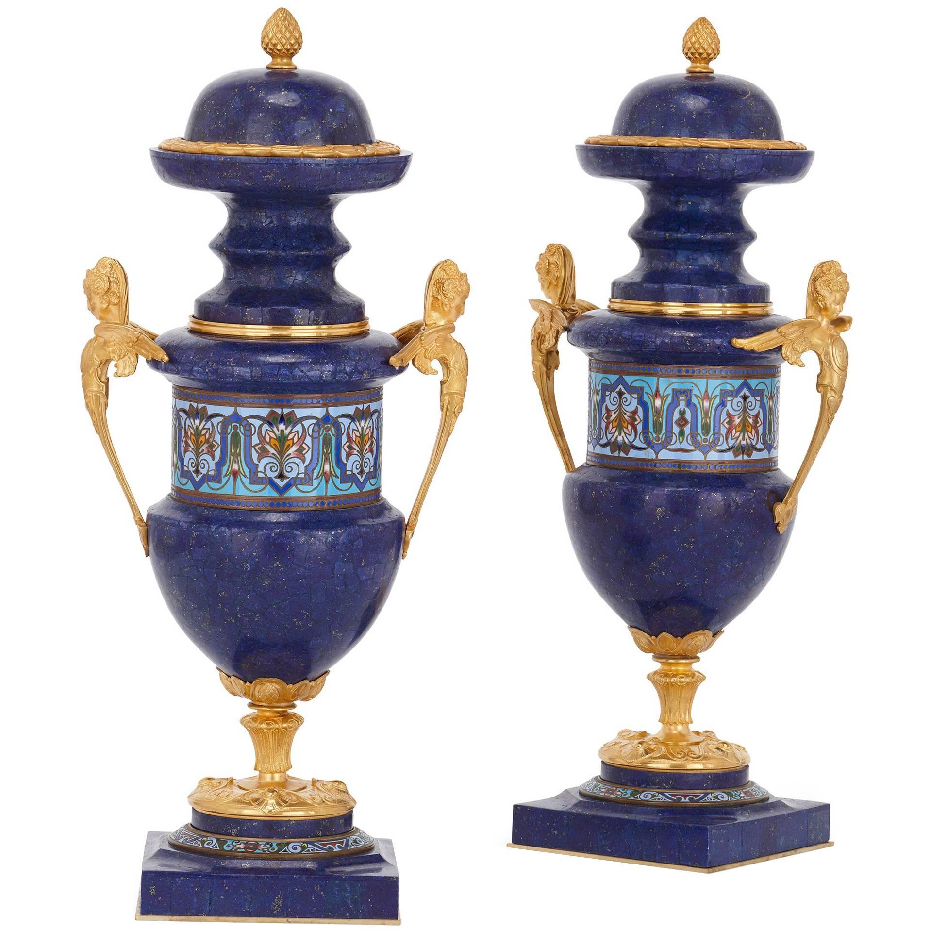 Pair of Gilt Bronze Mounted Lapis Lazuli and Champlevé Enamel Antique Vases