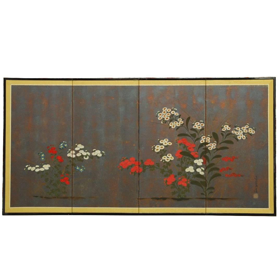 Japanese Four Panel Byobu Screen of Flowers