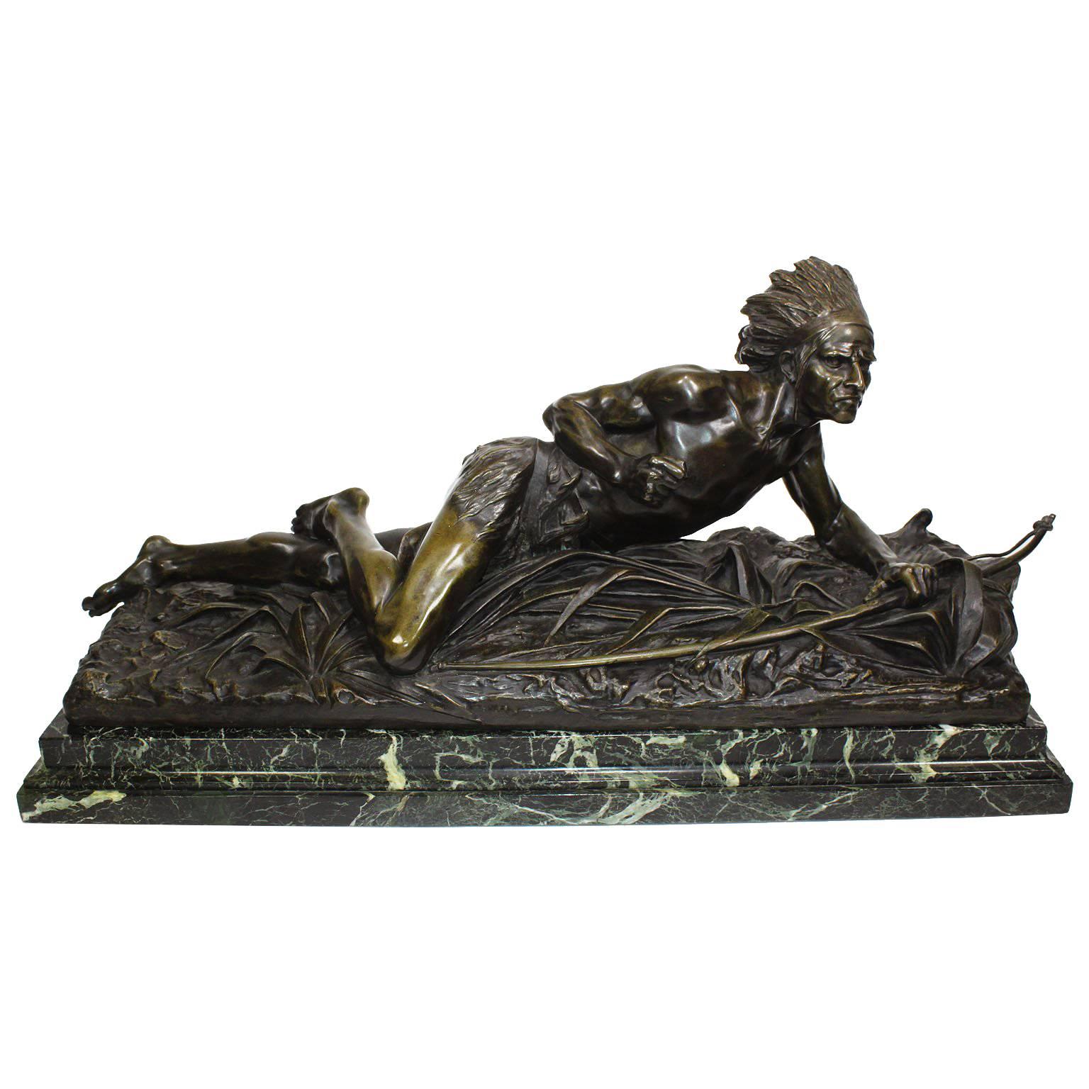 French Bronze Sculpture "Crouching Native American Indian" E. Drouot For Sale