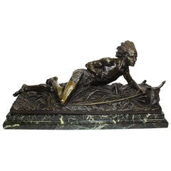 Used French Bronze Sculpture "Crouching Native American Indian" E. Drouot