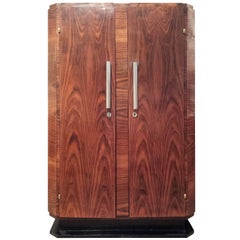 Vintage Art Deco, Two-Door Storage Cabinet with Chrome Handles on Ebonized Plinth