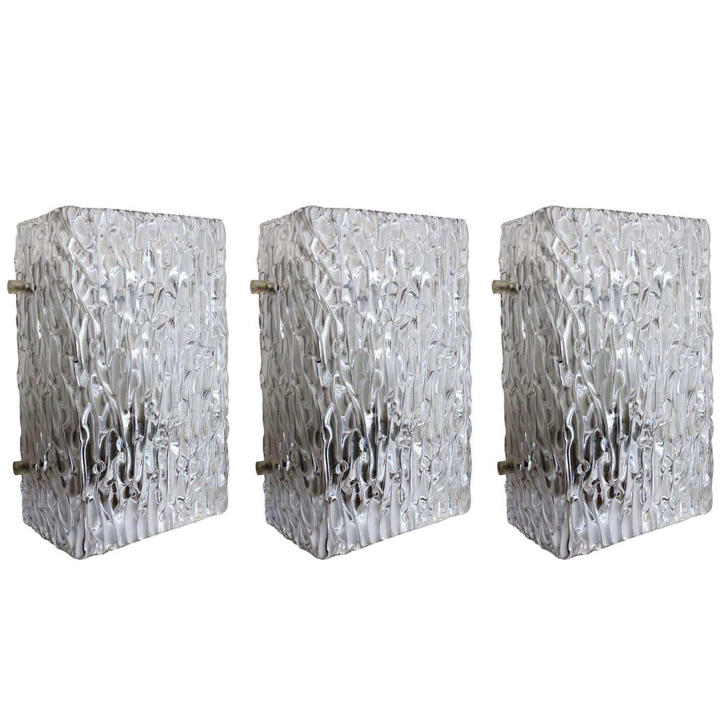 Set of Three Textured Ice Glass Wall Lights Sconces by J.T. Kalmar Austria 1960s