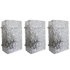Set of Three Textured Ice Glass Wall Lights Sconces by J.T. Kalmar Austria 1960s