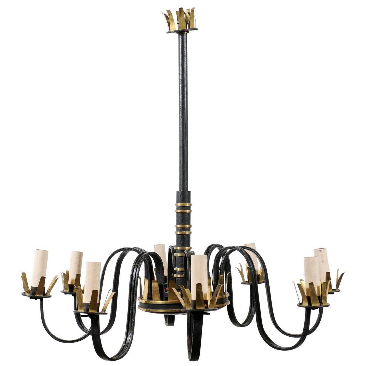 Iron and Gilt Chandelier in Style of Gilbert Poillerat, 20th Century