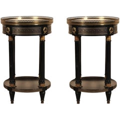Pair of Black Lacquered Marble Top and Brass-Mounted Side Tables