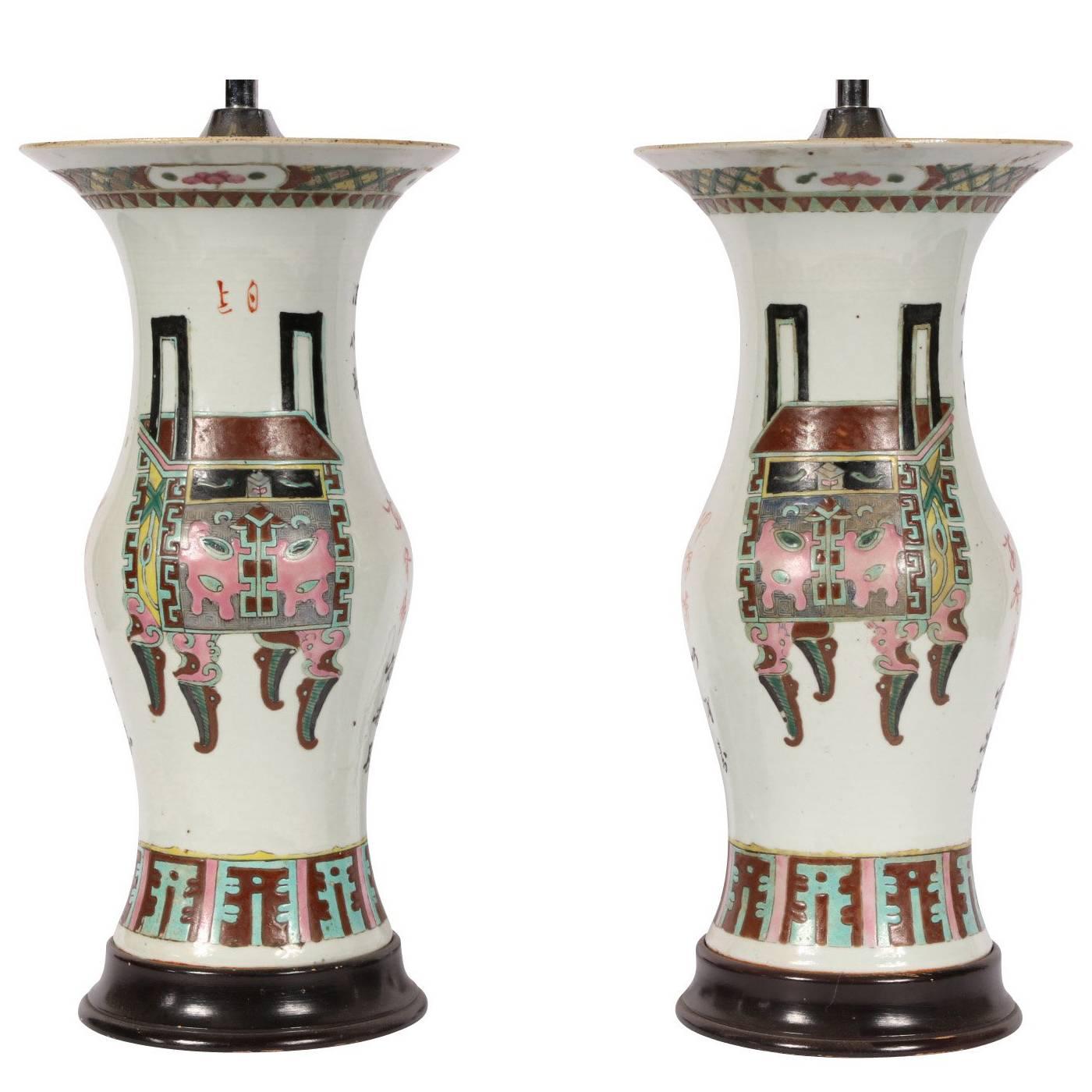 Pair of Chinese Porcelain Twin-Light Lamps