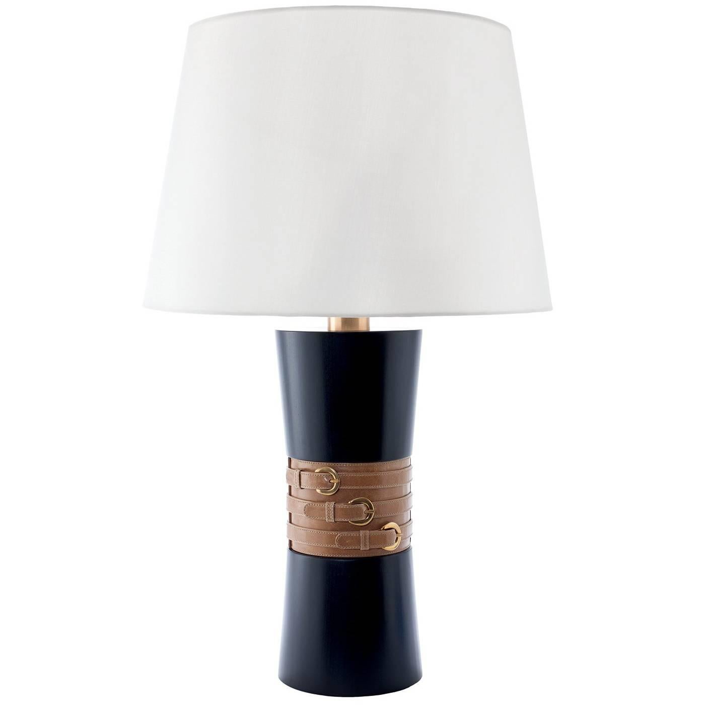 Mina Table Lamp in Wood with Leather Detail by Carbonell Design