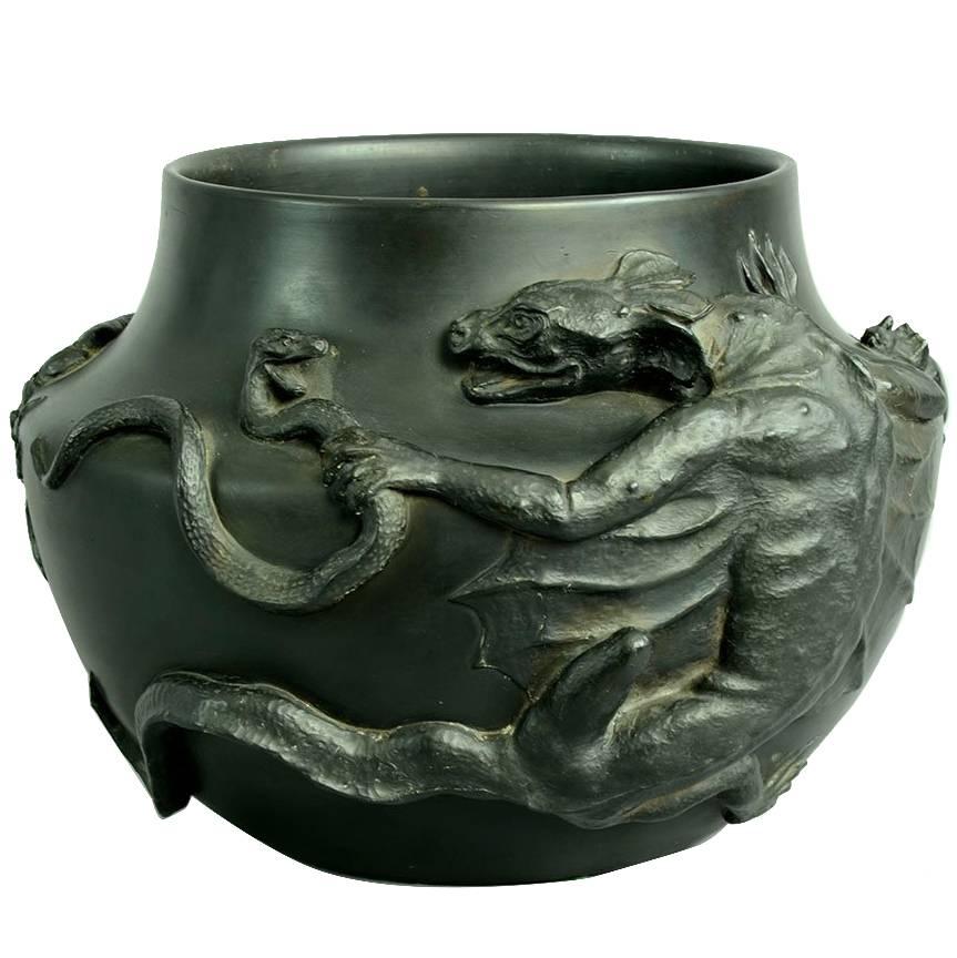 Dragon Vase with Black Basalt Glaze by P Ipsen, Denmark, 1870s For Sale