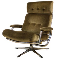 Danish Design Chrome and Fabric Recliner Armchairs Used G Plan Eames Era