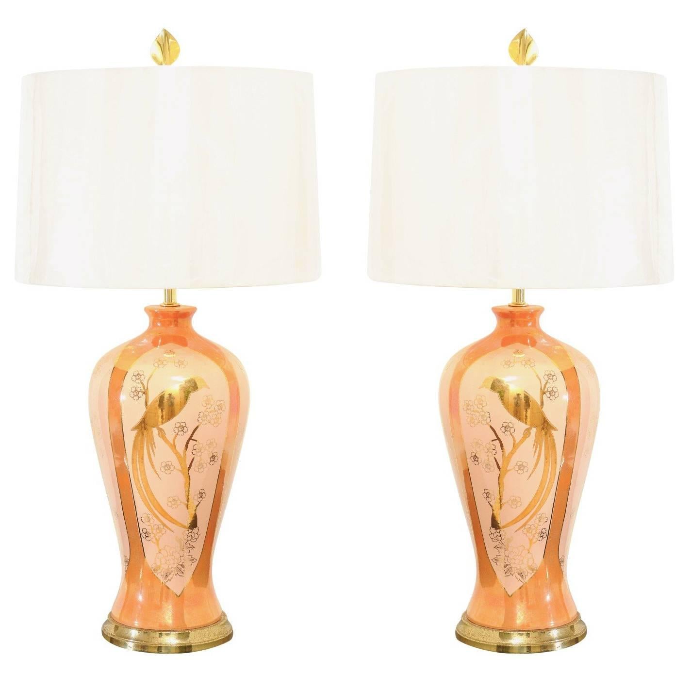 Chic Pair of Porcelain Marbro Lamps in Hermes Orange and Coral, circa 1960 For Sale