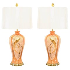 Antique Chic Pair of Porcelain Marbro Lamps in Hermes Orange and Coral, circa 1960