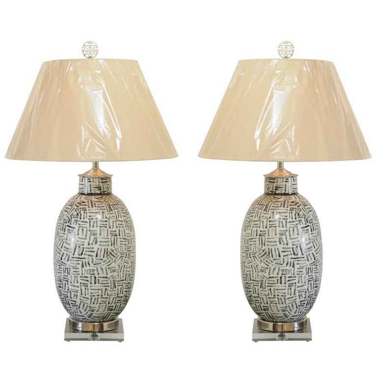 Distinctive Pair of Custom Ceramic Lamps in Charcoal and Cream, circa