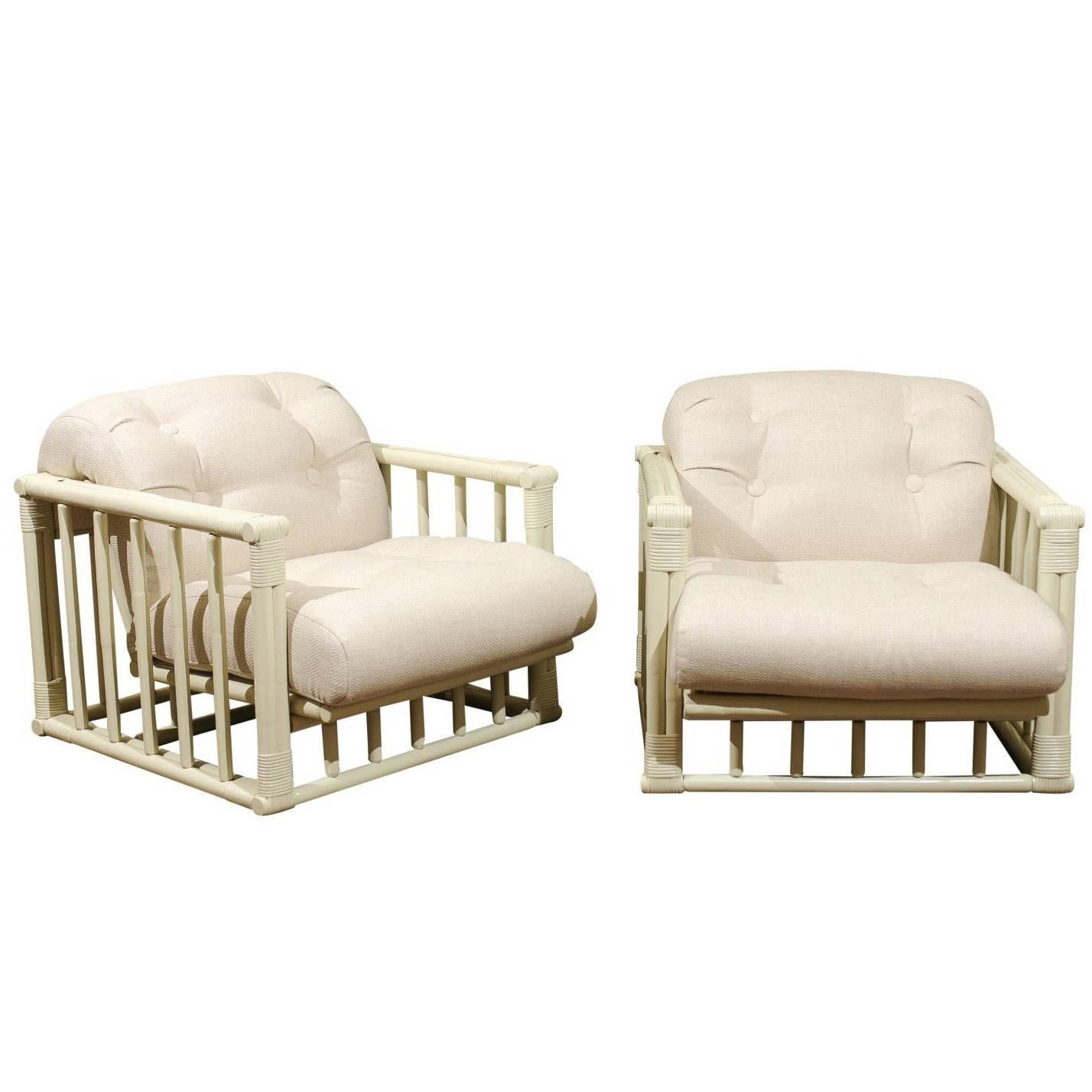 Killer Restored Pair of Rattan and Cane Cube Loungers by Ficks Reed, circa 1970 For Sale