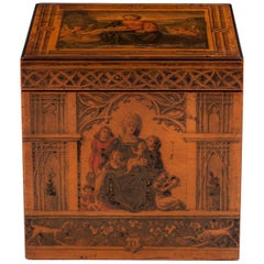 Penwork Italian Tea Caddy with Painted Religious Scenes, 19th Century