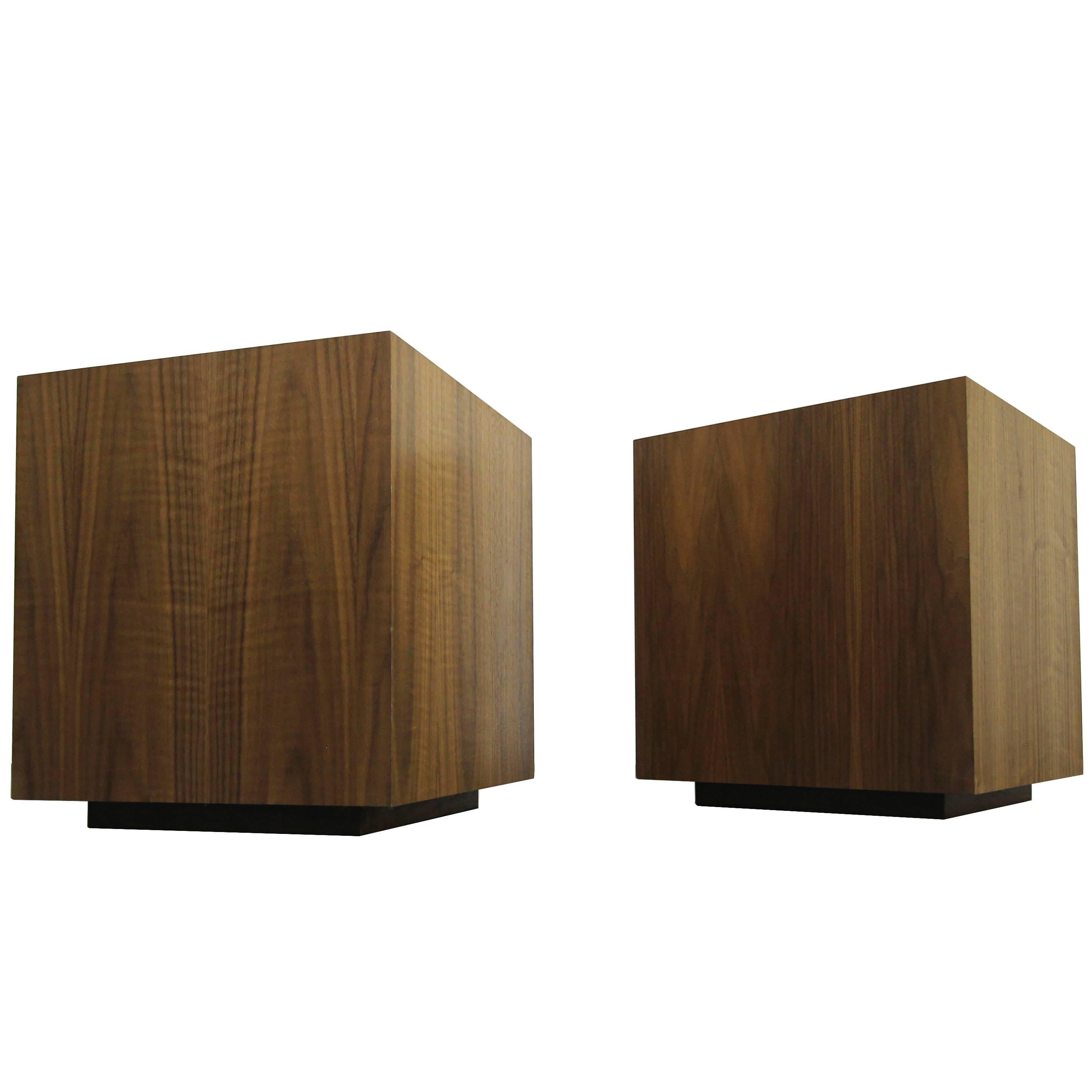 Pair of Mid-Century Walnut Plinth Base Cube Side Tables Stools