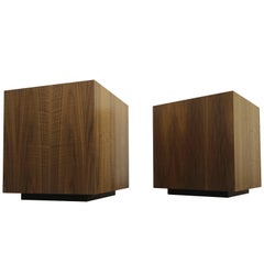 Pair of Mid-Century Walnut Plinth Base Cube Side Tables Stools