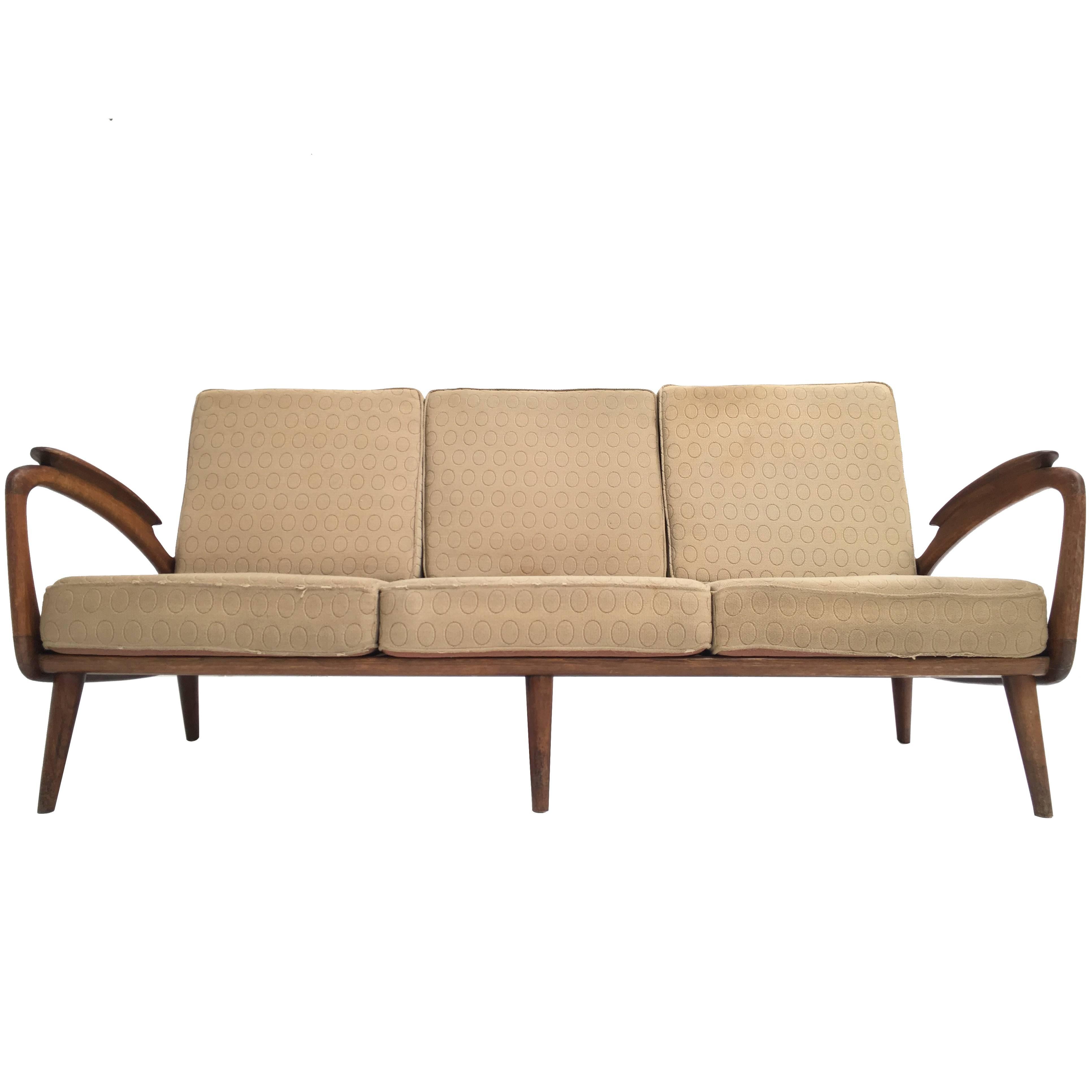 Stunning Dutch De Ster 1950s Organic Carved Walnut Stained Birch Three-Seat Sofa