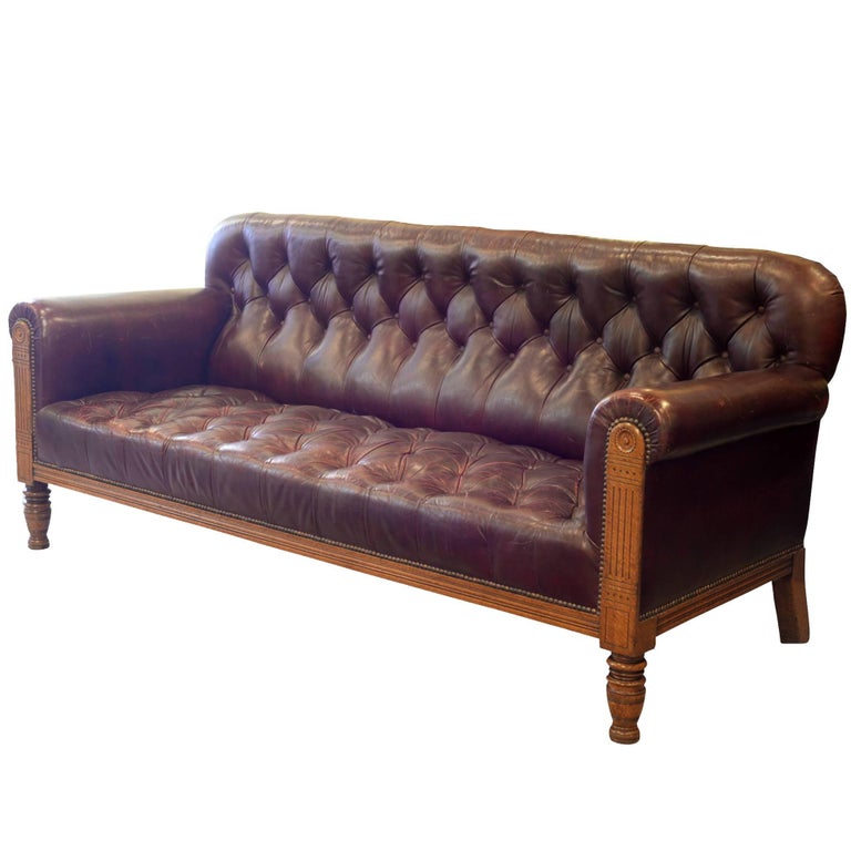 Burdy Leather And Oak Mid Victorian Sofa