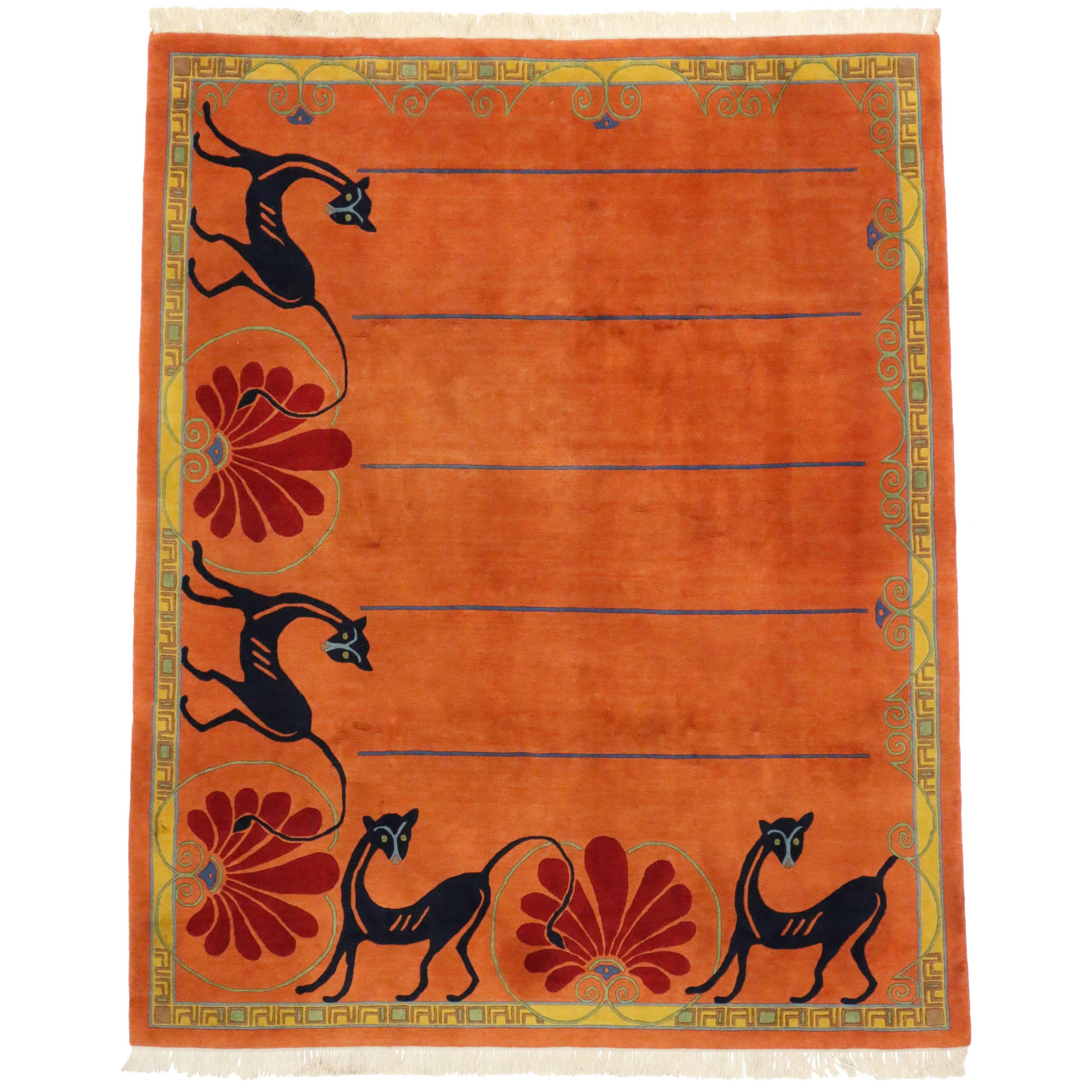 Vintage Tibetan Rug in Orange with Black Cats, Contemporary Rug from Tibet