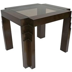 French Art Deco Oak Side Table with Stepped Block Legs and Glass Top, circa 1930