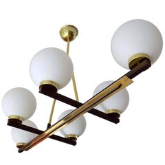 Large Modernist  Linear Glass Brass Maison Arlus Chandelier, Stilnovo Style