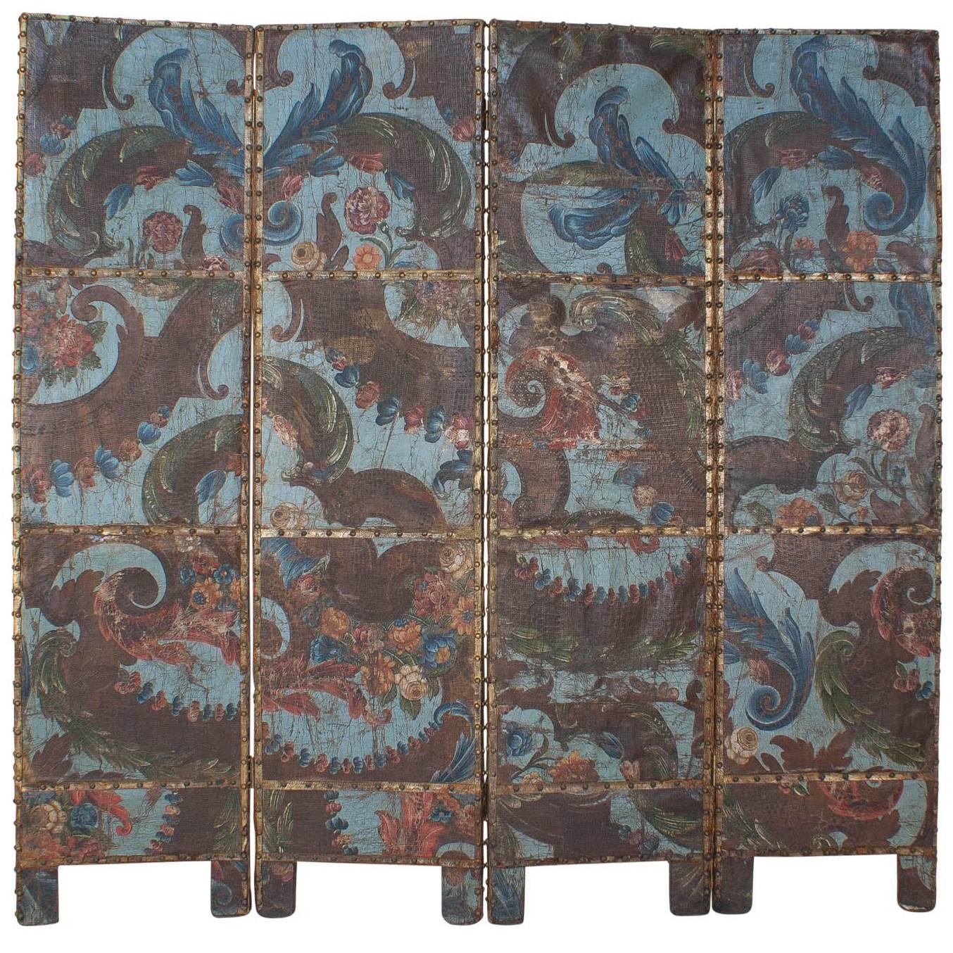 Baroque Spanish Blue Embossed, Gilt and Painted Leather Screen, circa 1700