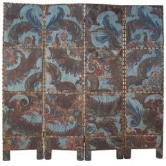 Baroque Spanish Blue Embossed, Gilt and Painted Leather Screen, circa 1700