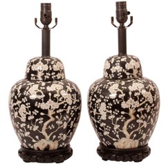 Pair of Vintage Black Ground Chinese Lamps, circa 1960