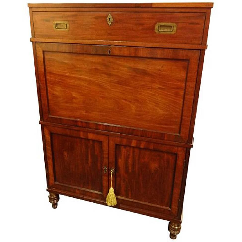 Excellent Quality 19th Century Mahogany Campaign Secretaire Chest of Drawers For Sale