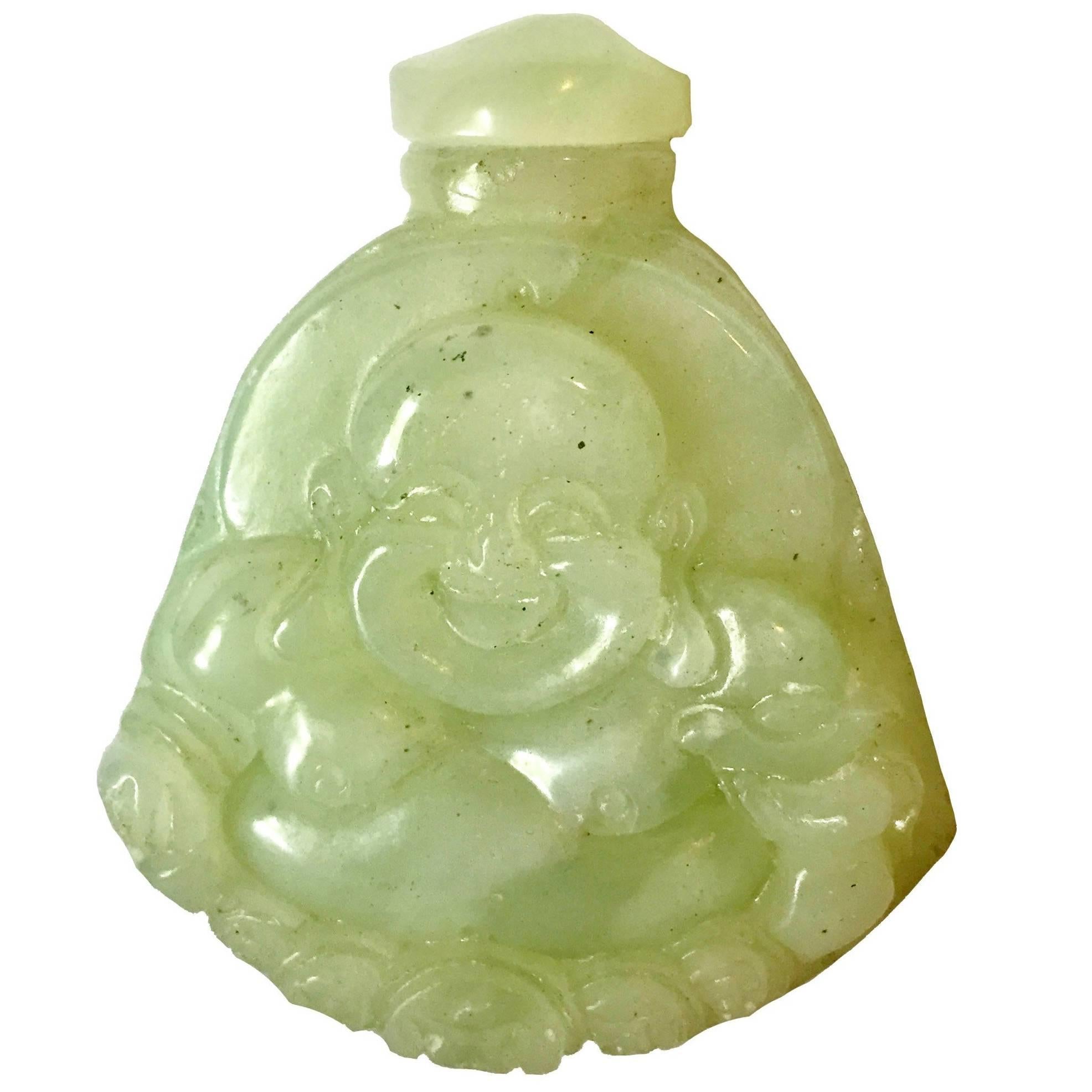 Green Jade Style, Serpentine Snuff Bottle Happy Buddha