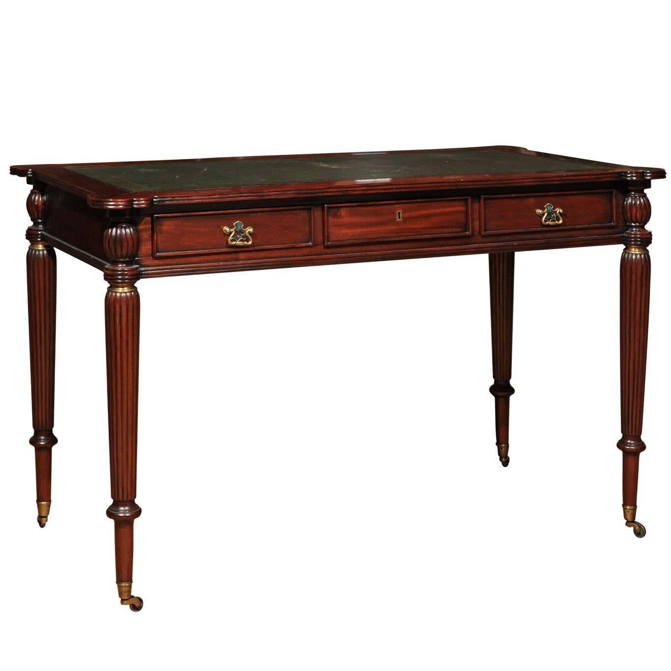 English Mahogany Writing Desk with Green Leather Top