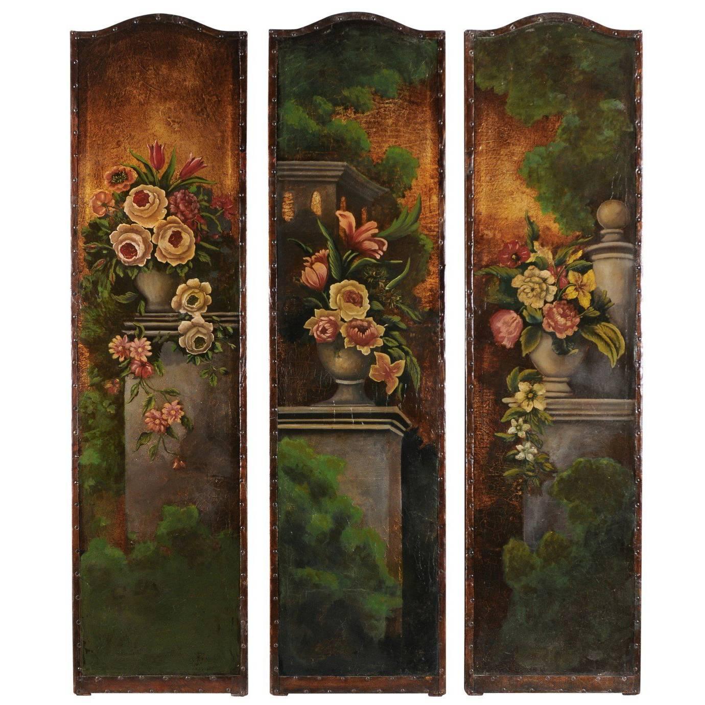 Set of Three English 19th Century Painted Leather Panels with Floral Decor