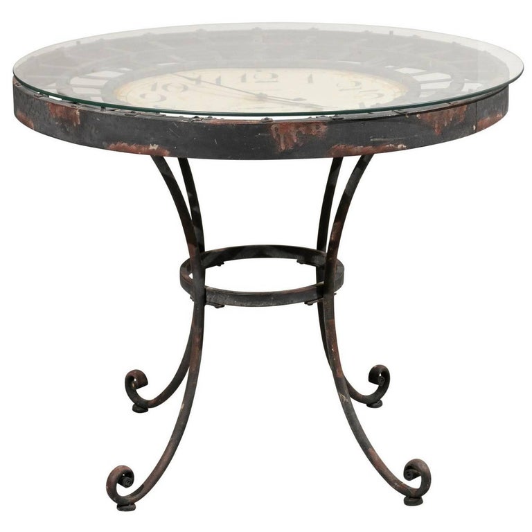 French Vintage Clock Face Mounted In Cast Iron Base Side Table French Vintage Clock Face Mounted In Cast Iron Base Side Table Circa 1950 For