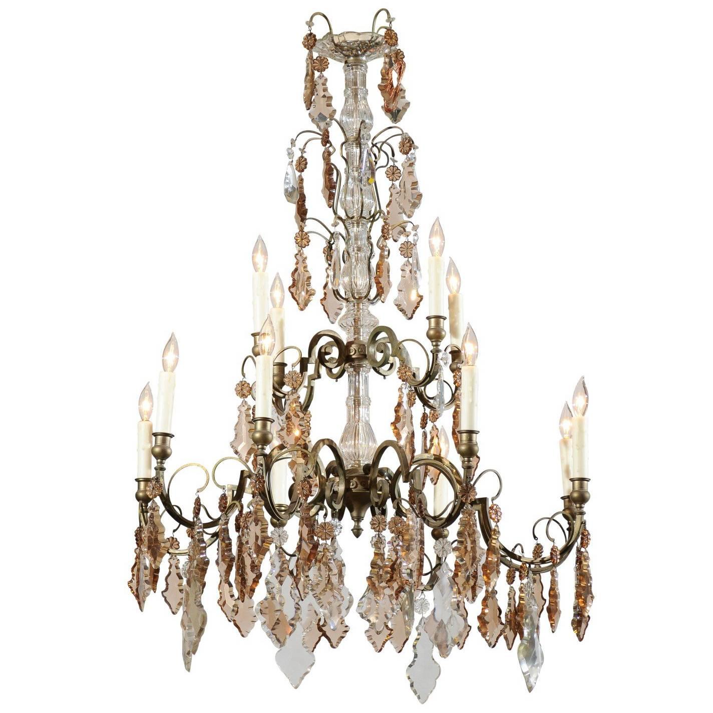 Vintage French Bronze and Crystal Chandelier with 12 Arms, circa 1940 For Sale
