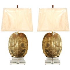 Outstanding Pair of Custom Faux-Tortoise Shell Ceramic Lamps with Lucite Accents